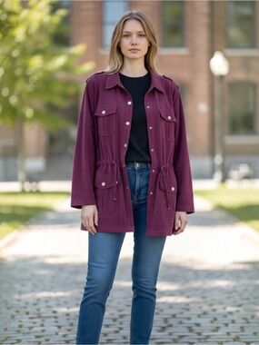 Vintage Denim & Co Stretch Microsuede Cinch Waist Utility Jacket Burgundy Size L
